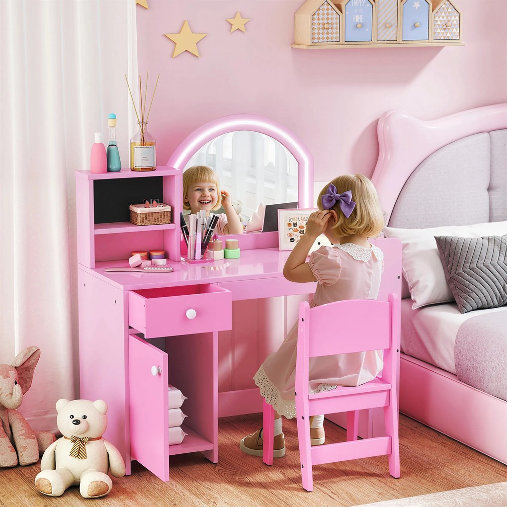 AIYAPLAY Set masă și scaun de machiaj pentru copii, cu lumini LED, MDF, Acril, 88.6 x 38.8 x 96.9, Roz | Aosom Romania