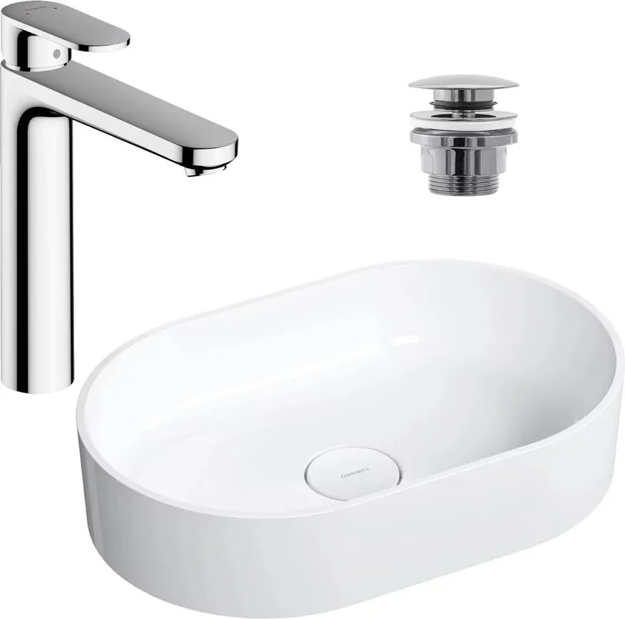 Pachet lavoar pe blat Omnires Ovo M+ alb 55 cm, baterie lavoar Hansgrohe Vernis Blend crom si ventil lavoar Click-Clack crom