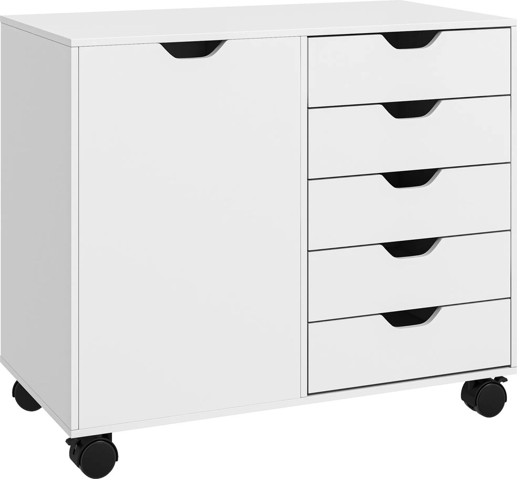 HOMCOM Dulap Lateral cu 5 Sertare, Dulap cu Raft Reglabil, Mobilier pentru Birou pe Roți, Suport pentru Imprimantă pentru Biroul de Acasă, Alb | Aosom Romania