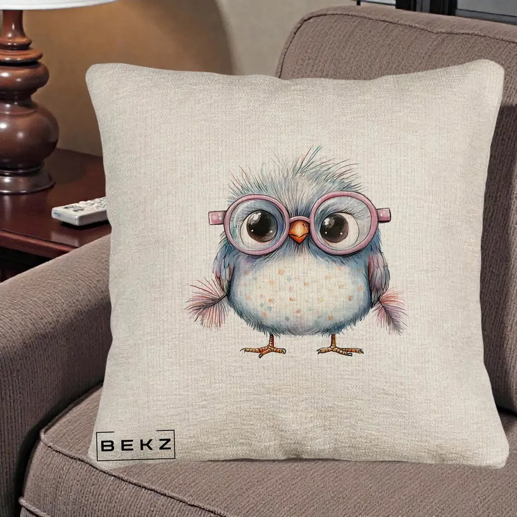 Perna Decorativa Pui Pufos cu Ochelari Roz, 40x40 cm, Bej Canapea, Husa Detasabila, Perna Inclusa, BEKZ®