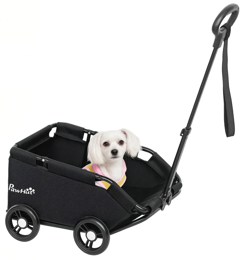 PawHut Cărucior pentru câini, cărucior pentru căței pliabil cu 4 roți cu tija de împingere reglabilă 53 x 45 x 28 cm negru | Aosom Romania