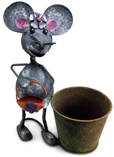 Decoratiune gradina, metalica, soarece cu ghiveci, 24x13x30 cm