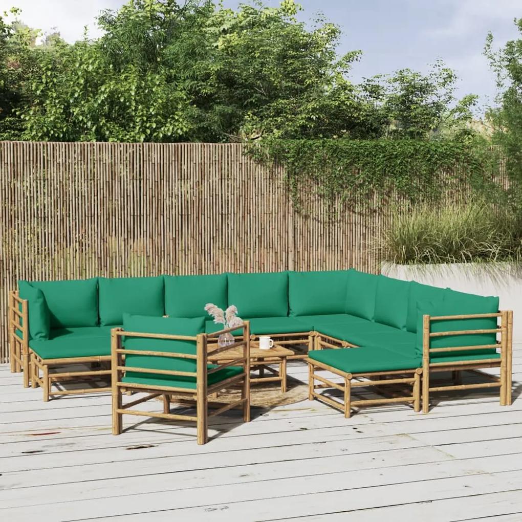 Set mobilier de gradina cu perne verzi, 12 piese, bambus