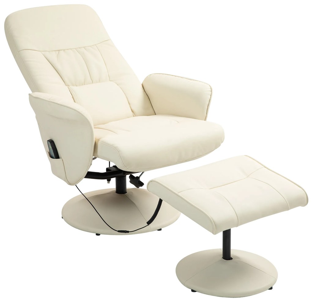 HOMCOM Fotoliu de masaj cu taburet, Scaun ergonomic cu 10 puncte de vibrații, Piele ecologică, 76 x 81 x 105 cm, Crem | Aosom Romania