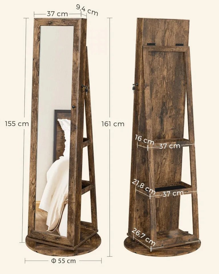 Dulap bijuterii cu oglinda, MDF melaminat / catifea, maro rustic, Songmics