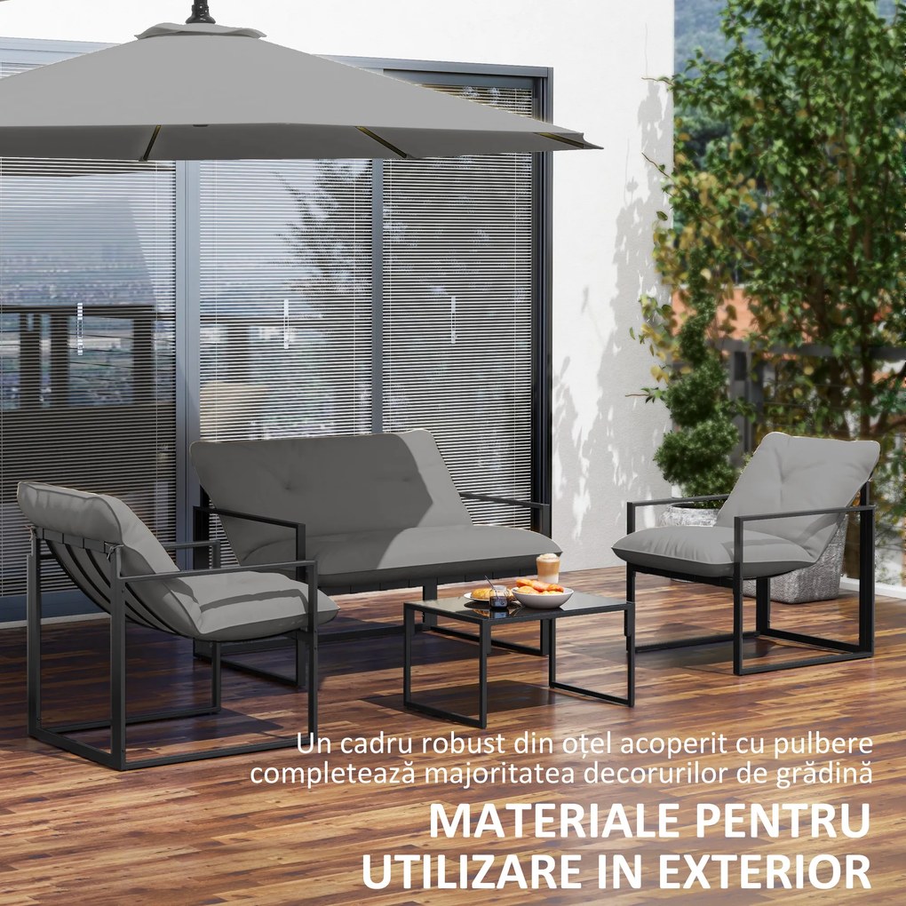 Outsunny Set Mobilier de Exterior cu Măsuță din Sticlă, Canapea, 2 Fotolii și Perne, Gri | Aosom Romania