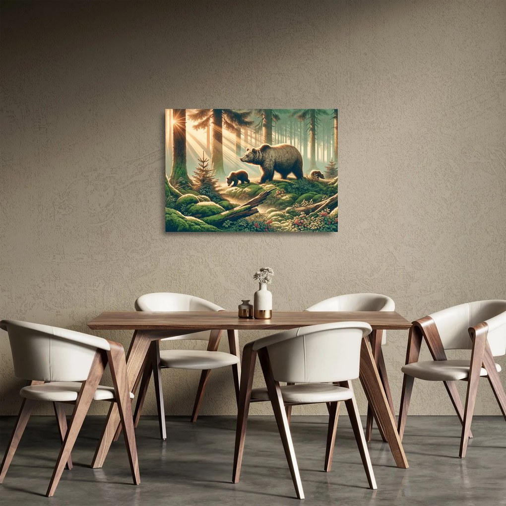 Tablou pe sticlă - Urși în pădure (70x50 cm)
