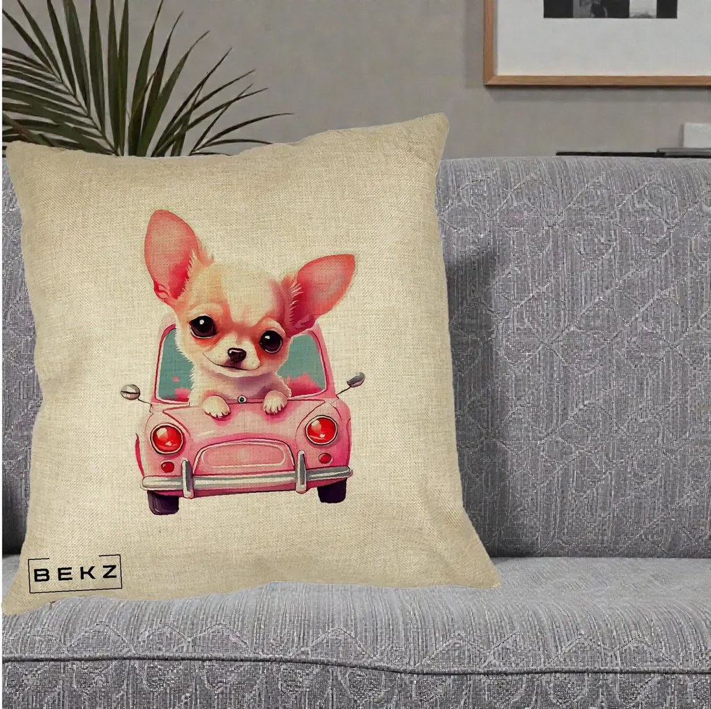 Perna Decorativa Chihuahua Roz in Masinuta, 40x40 cm, Crem, Husa Detasabila, Perna Inclusa, BEKZ®