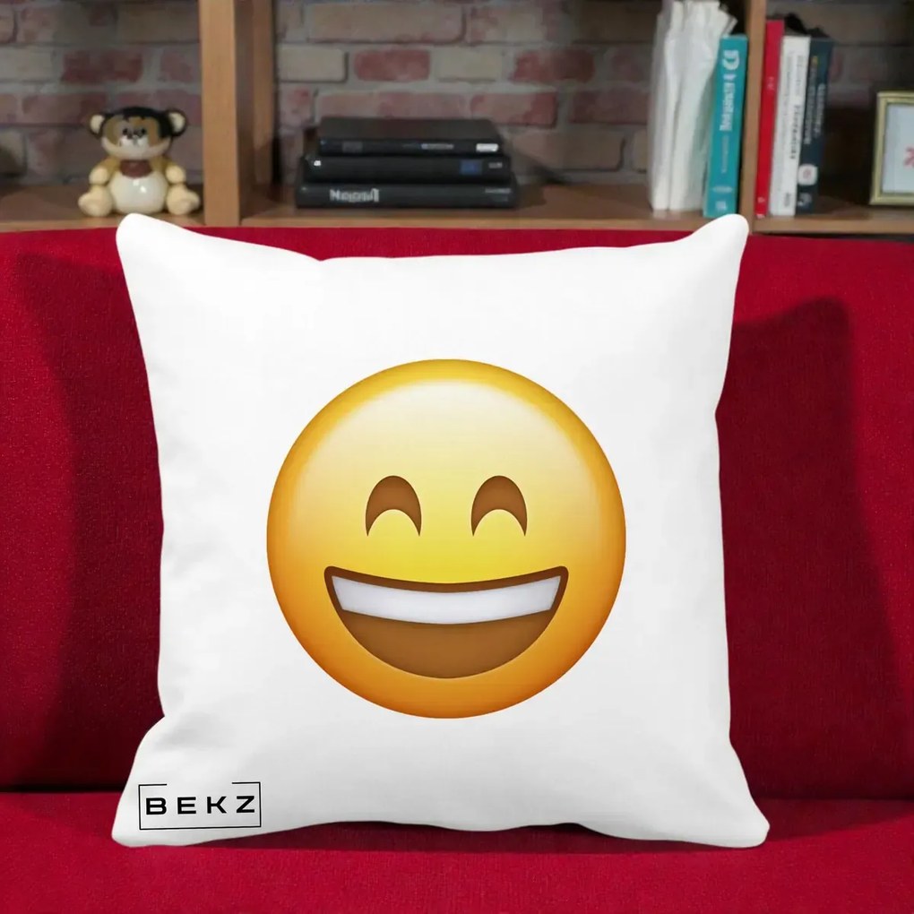 Perna Decorativa Emoji Zambet Mare, 40x40 cm, Alba Mata, Husa Detasabila, Perna Inclusa, BEKZ®