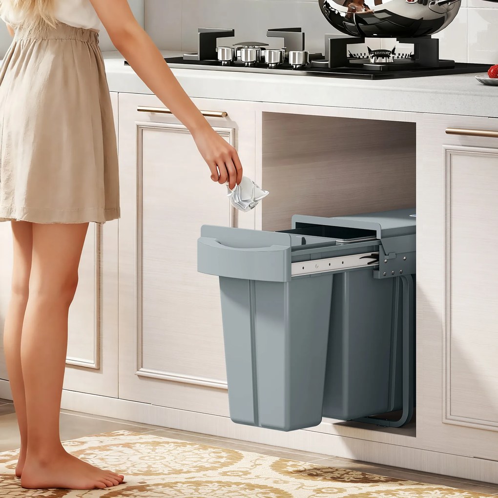 HOMCOM Coș de gunoi de bucătărie glisant 30L cu 2 compartimente, coș sub chiuvetă cu capac mat, 52x26x40,8cm, gri | Aosom Romania