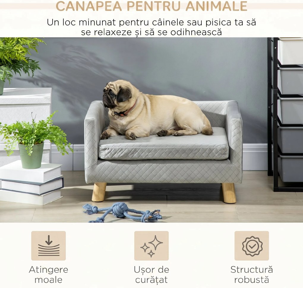 PawHut Canapea pentru Câini și Pisici cu Pernă, Culcuș pentru Animale din Catifea și Lemn, 64x45x36 cm, Gri | Aosom Romania