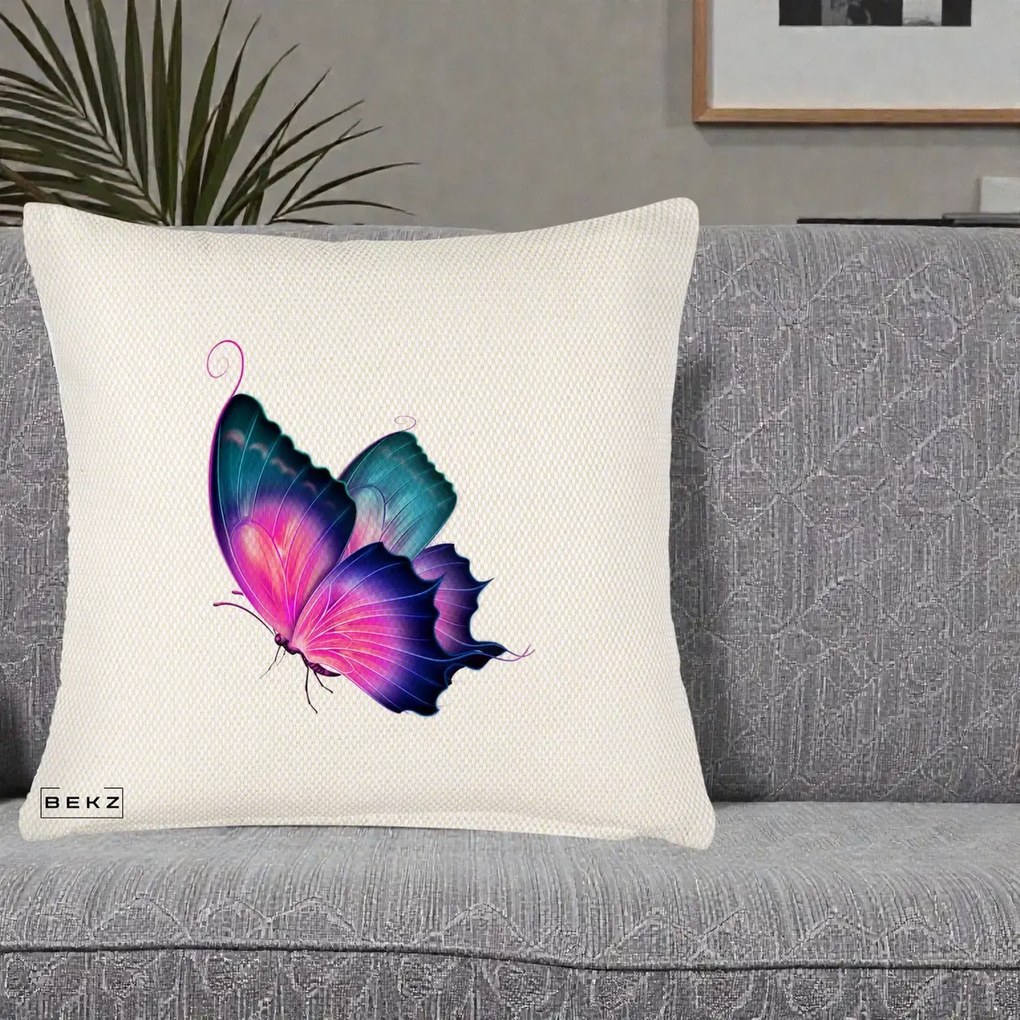 Perna Decorativa Fluture Neon, 40x40 cm, Crem Reliefat, Husa Detasabila, Perna Inclusa, BEKZ®