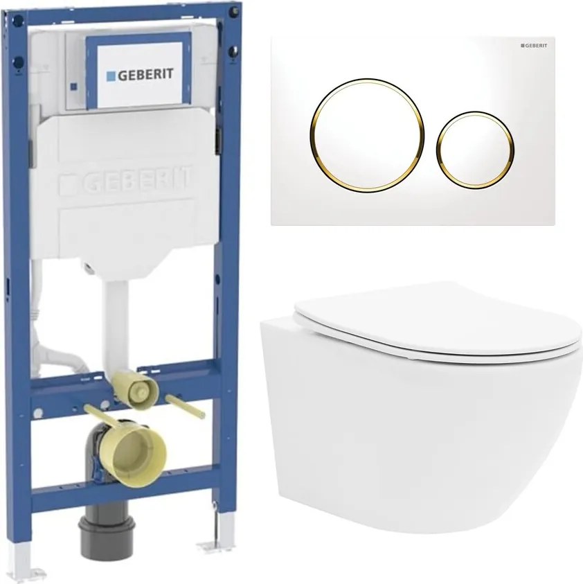 Rezervor WC cu cadru incastrat Geberit Duofix UP320 cu sistem de fixare, clapeta de actionare Sigma20 alb-auriu plus vas WC Rune Ivaldi alb cu capac softclose