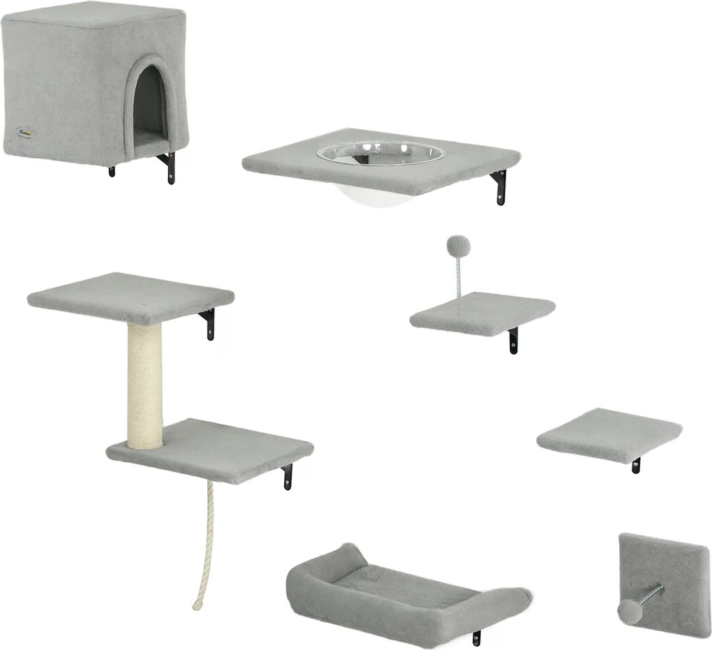 PawHut Perete de cățărat pentru pisici 7 piese set de cățărat pentru pisici cu cușcă, platformă, platformă Gri | Aosom Romania