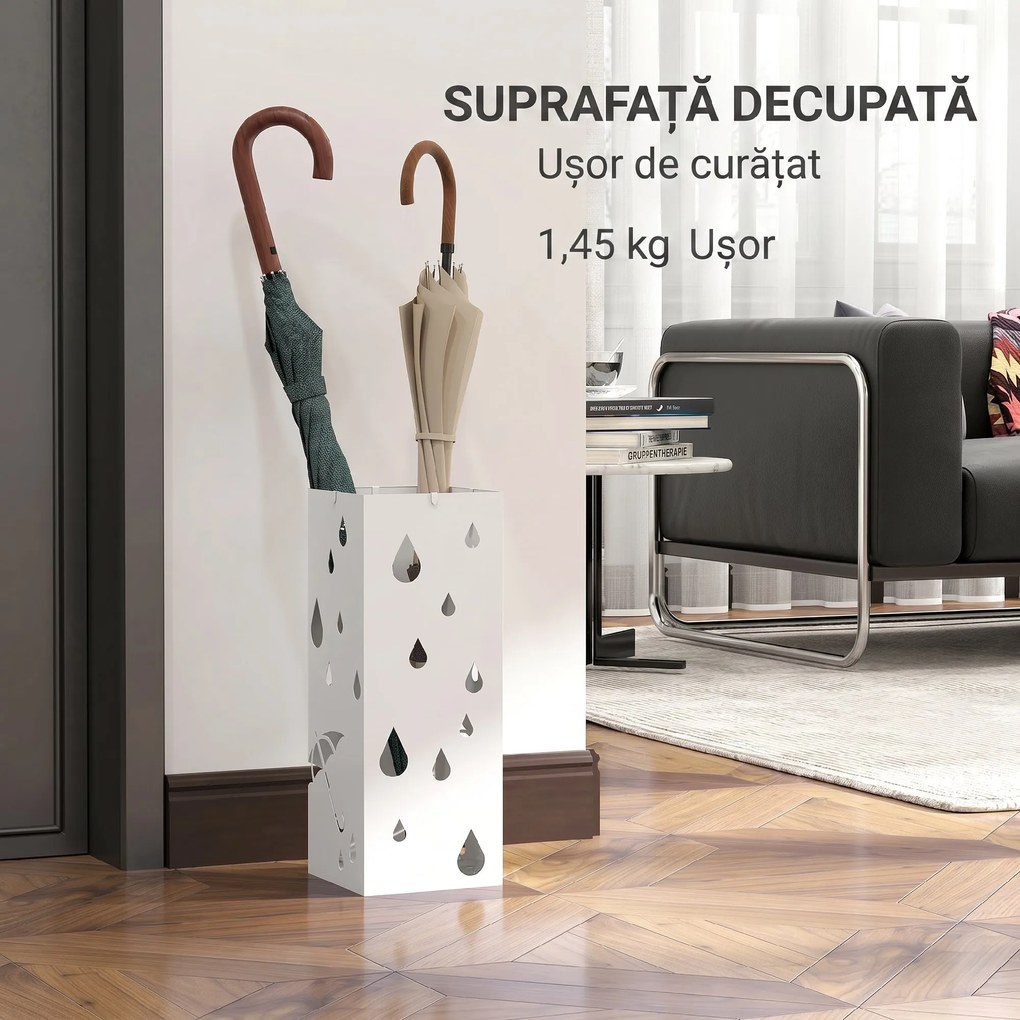 HOMCOM Suport pentru Umbrele din Metal cu 4 Cârlige, Suport pentru Umbrele cu Design Modern, 15,5x15,5x41 cm, Alb | Aosom Romania