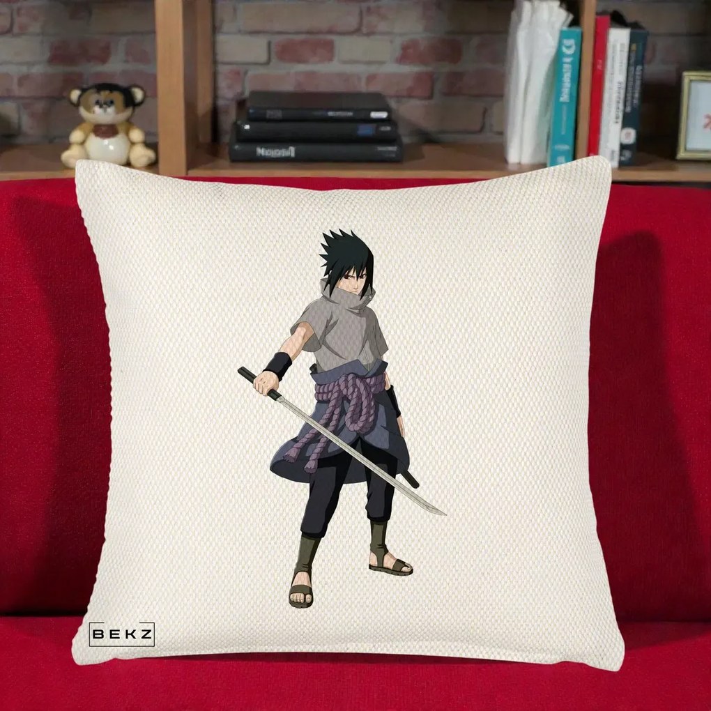 Perna Personalizata Naruto Sasuke Uchiha cu Sabia, 40x40 cm, Crem Reliefat, Husa Detasabila, Perna Inclusa, BEKZ®