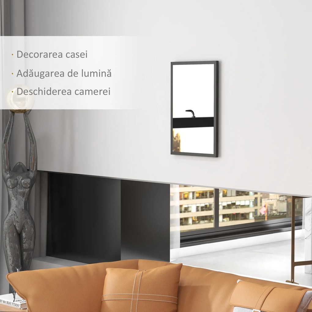 HOMCOM Oglindă Dreptunghiulară de Perete cu Cârlige, Sticlă și MDF, 60x80 cm, Negru | Aosom Romania