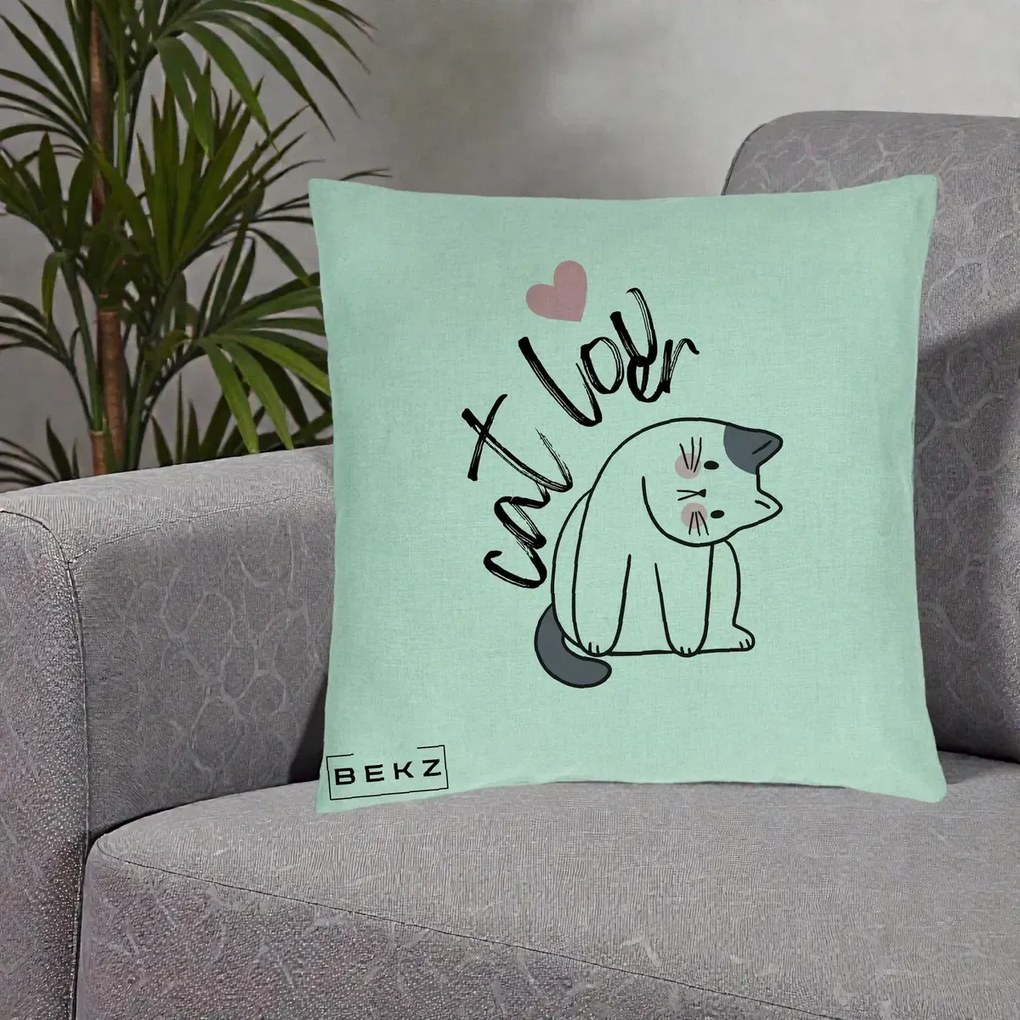 Perna Personalizata Cat Lover Pisica Ilustratie Linie, 40x40 cm, Verde Menta, Husa Detasabila, Perna Inclusa, BEKZ®