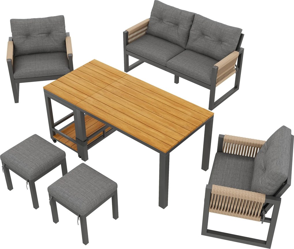 Set modern de canapea pentru exterior, masă detașabilă, cotiere împletite și perne groase de șezut, Gri+Culoare naturală