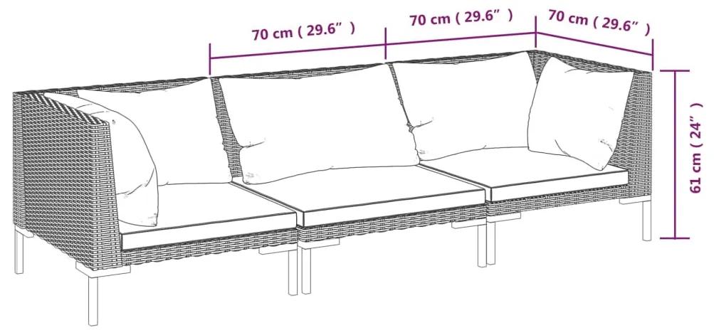 Set mobilier gradina cu perne, 3 piese, gri inchis, poliratan 2x colt + mijloc, 1