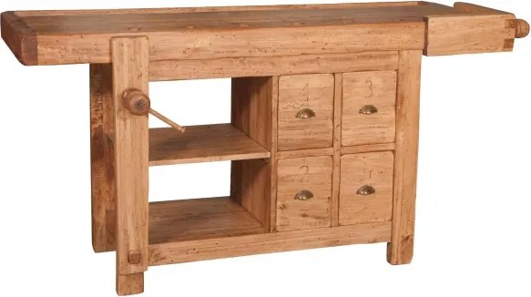 Banc de tamplar, L184 74 H92 cm, 4 sertare, natur antic, lemn masiv