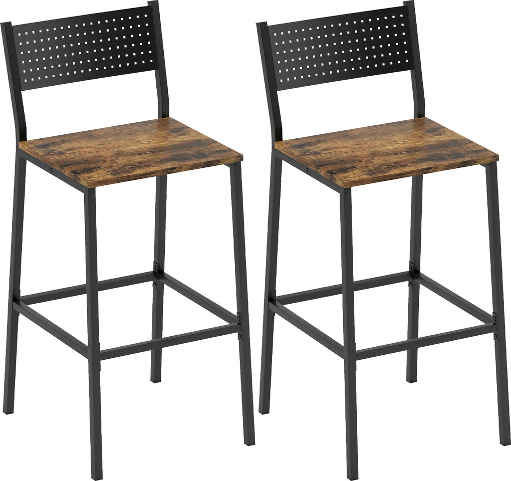 HOMCOM Set 2 Scaune Bar Stil Industrial cu Spătar și Suport pentru Picioare Maro | Aosom Romania