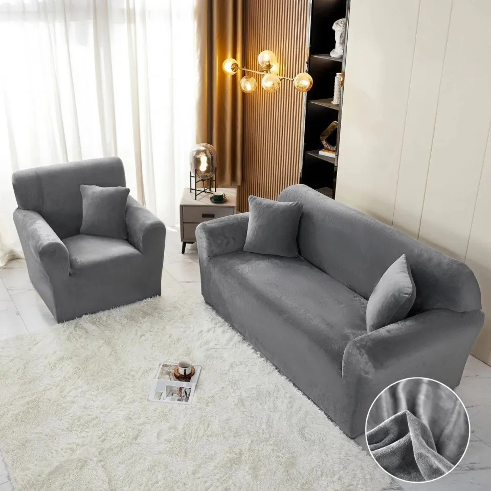 Set Huse Elastice din Catifea pentru Canapea 3 Locuri + 2 Fotolii, cu Brate, Gri, HCCJS-02