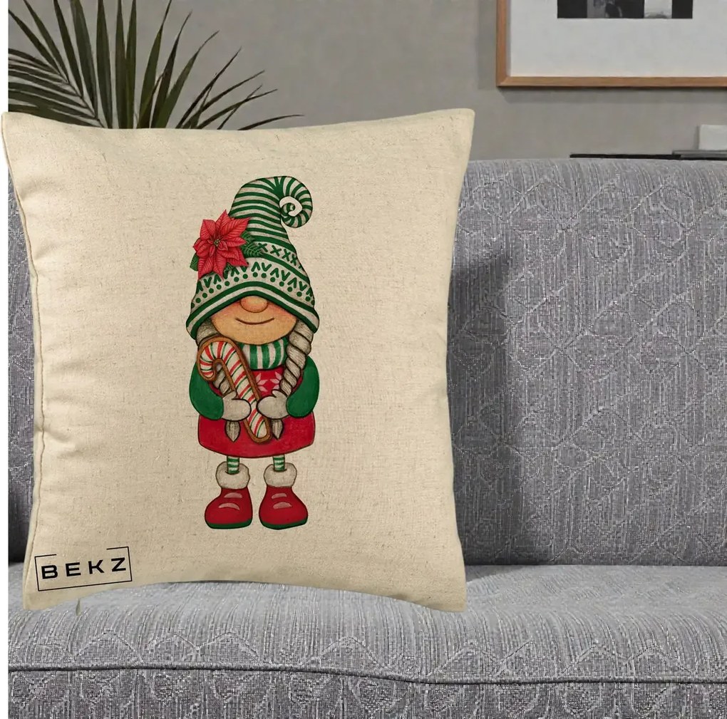 Perna Decorativa Gnom Craciun Verde cu Bomboane si Floare, 40x40 cm, Bej, Husa Detasabila, Perna Inclusa, BEKZ®
