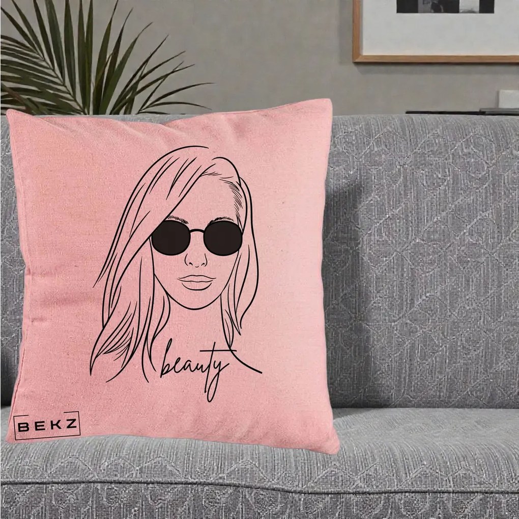 Perna Decorativa Beauty Girl Line Art, 40x40 cm, Roz, Husa Detasabila, Perna Inclusa, BEKZ®