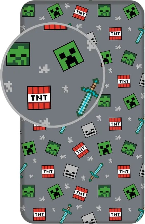 Cearceaf pentru copii gri din bumbac pentru pat de o persoană cu elastic 90x200 cm Minecraft "We got this" – Jerry Fabrics