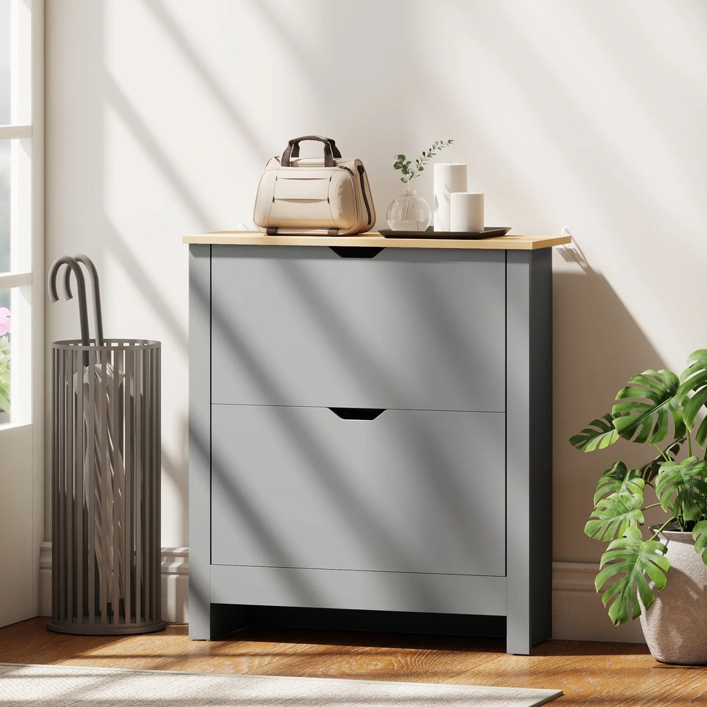 HOMCOM Dulap pentru încălțăminte 12 perechi, dulap îngust cu 2 sertare rabatabile și polițe reglabile, gri deschis | Aosom Romania