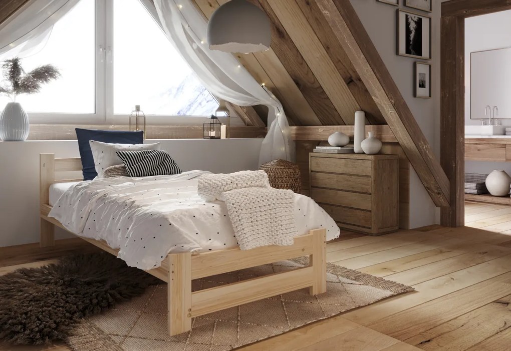 Supermobel Pat din lemn masiv EUREKA + saltea sandwich BOHEMIA + somiera GRATUIT, 120x200, natural lac