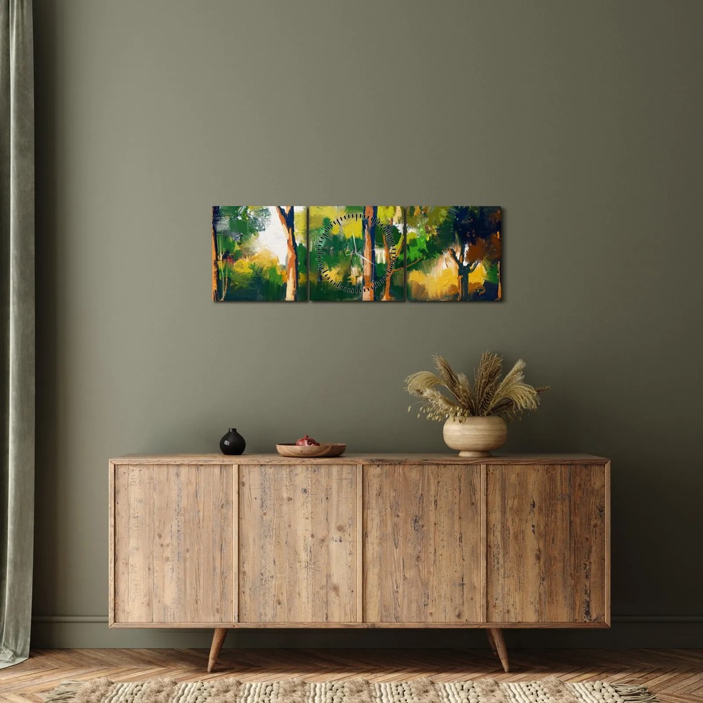 Tablou - Pădure de vară însorită, pictură (cu ceas) (90x30 cm)