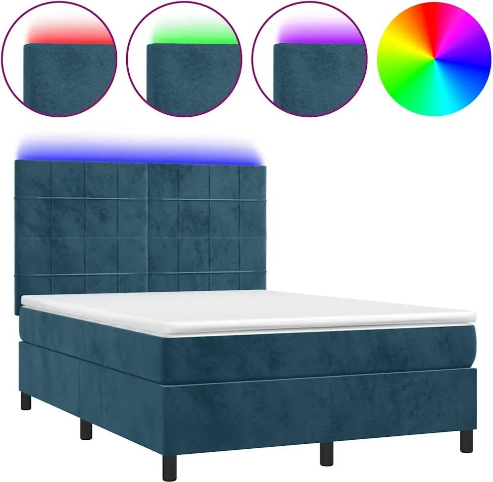 vidaXL Pat cu arcuri, saltea și LED, bleumarin, 140x190 cm, catifea