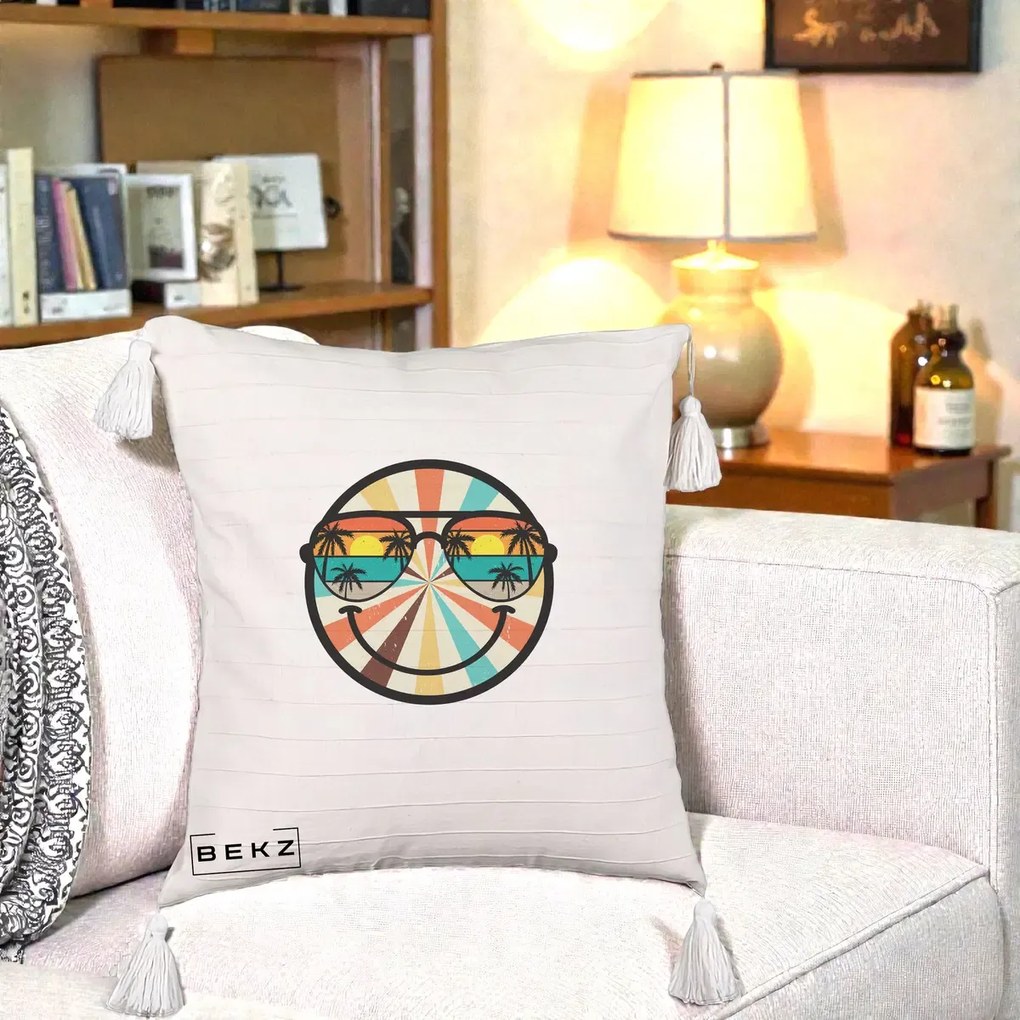 Perna Decorativa Smiley Face Retro Sunset Palmieri, 40x40 cm, Bej cu Franjuri, Husa Detasabila, Perna Inclusa, BEKZ®