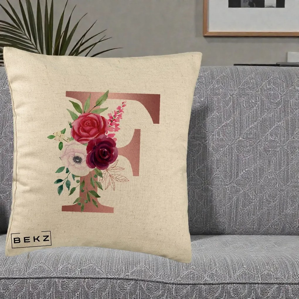 Cadou Personalizat - Perna Personalizata Monograma Rose Gold Litera F, 40x40 cm, Bej, Husa Detasabila, Perna Inclusa, BEKZ®
