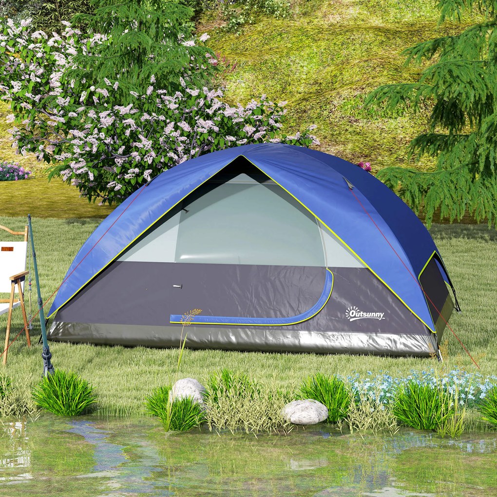 Outsunny Cort de camping 2-4 persoane, cort dôme familial impermeabil, cu fereastră, 2 buzunare, sac de transport, albastru închis | Aosom Romania