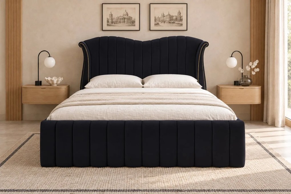 Pat tapițat din catifea Alora 160×200 cm, negru, cu ladă de depozitare