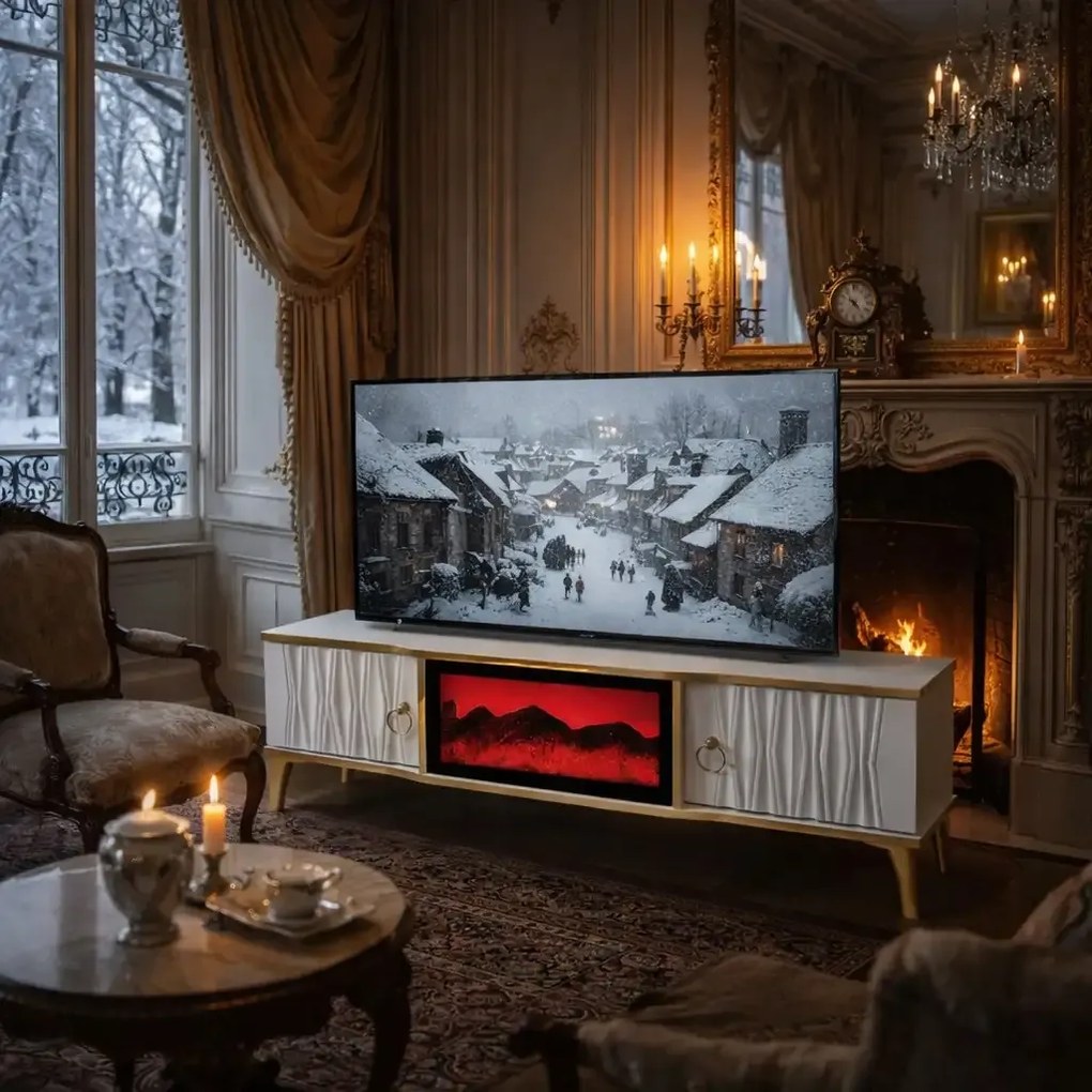 Comoda tv cu semineu Majestică, cu led, 160 cm