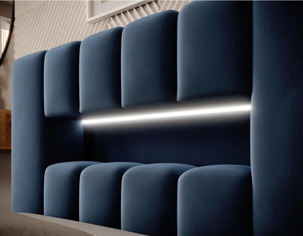 Pat albastru închis tapițat cu spațiu de depozitare cu somieră 90x200 cm Lamica – ELTAP