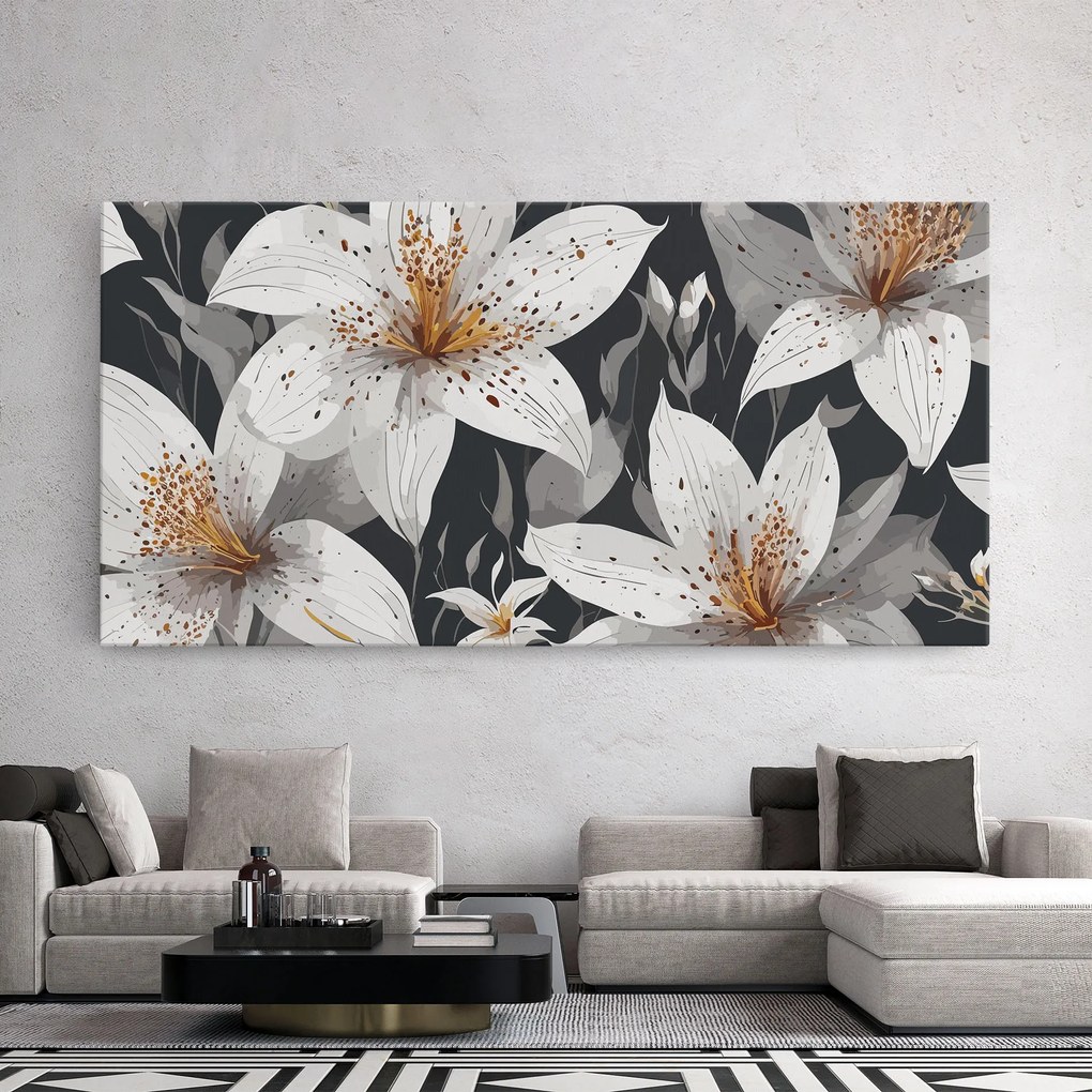 Tablou Canvas, 60x120cm, Dormitor si Living, Flori, Crini, White Grey Lily