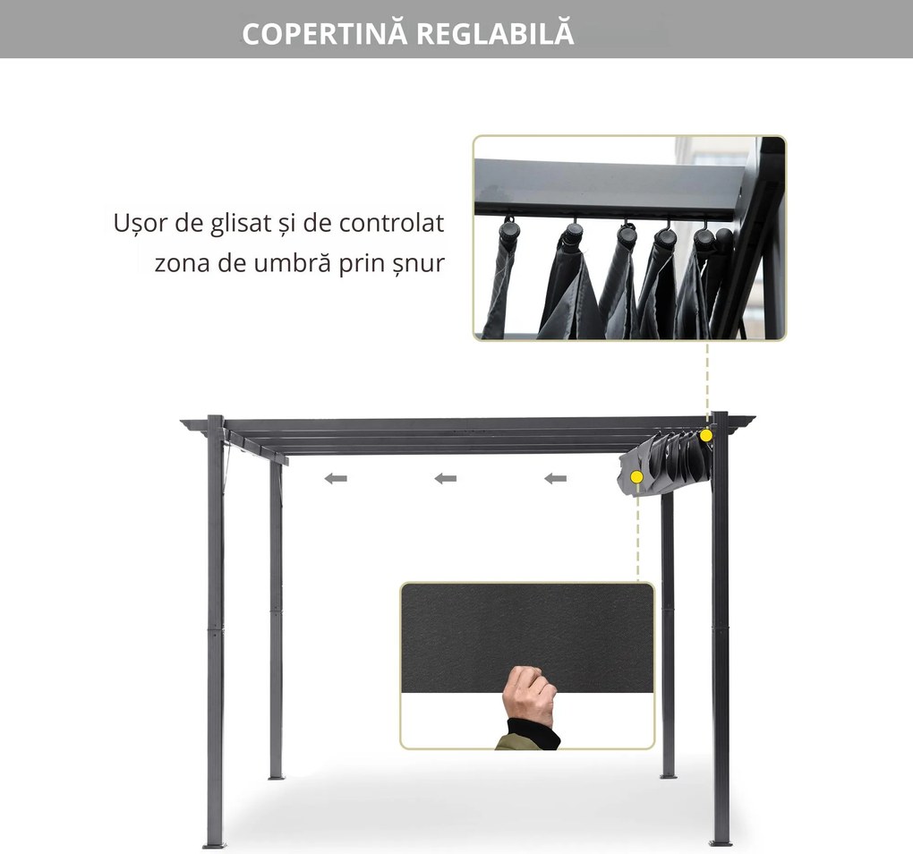 Pergolă pavilion Outsunny cu acoperiș culisant pentru terasă de grădină Alu Gri cărbune+Gri închis 3x3x2,23 m | Aosom Romania