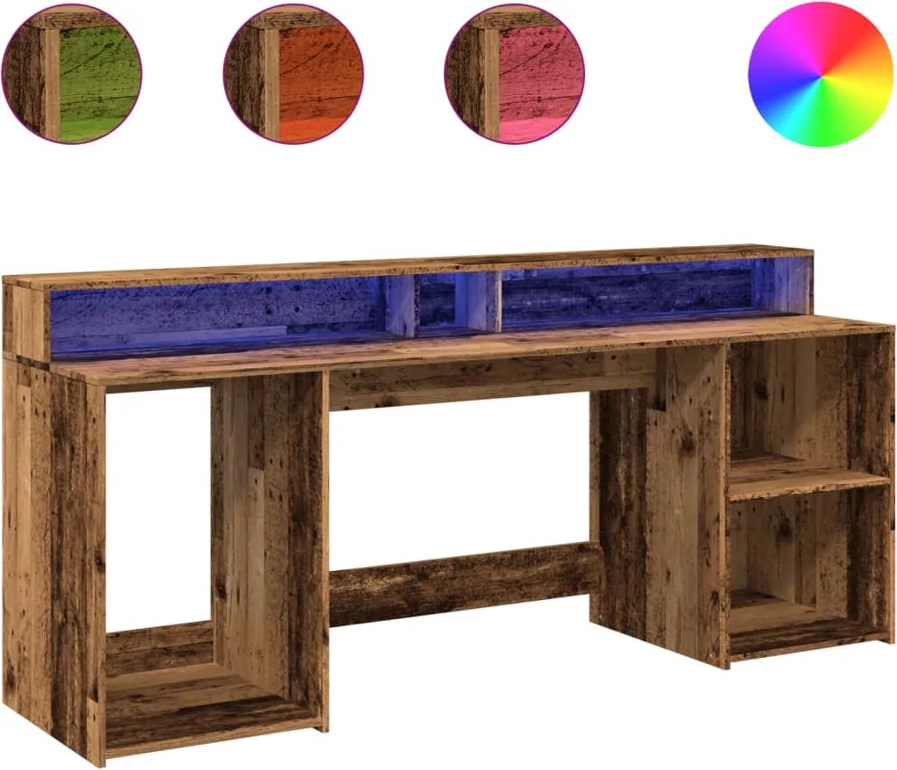 vidaXL Birou cu lumini LED, lemn vechi, 200x55x91 cm, lemn prelucrat