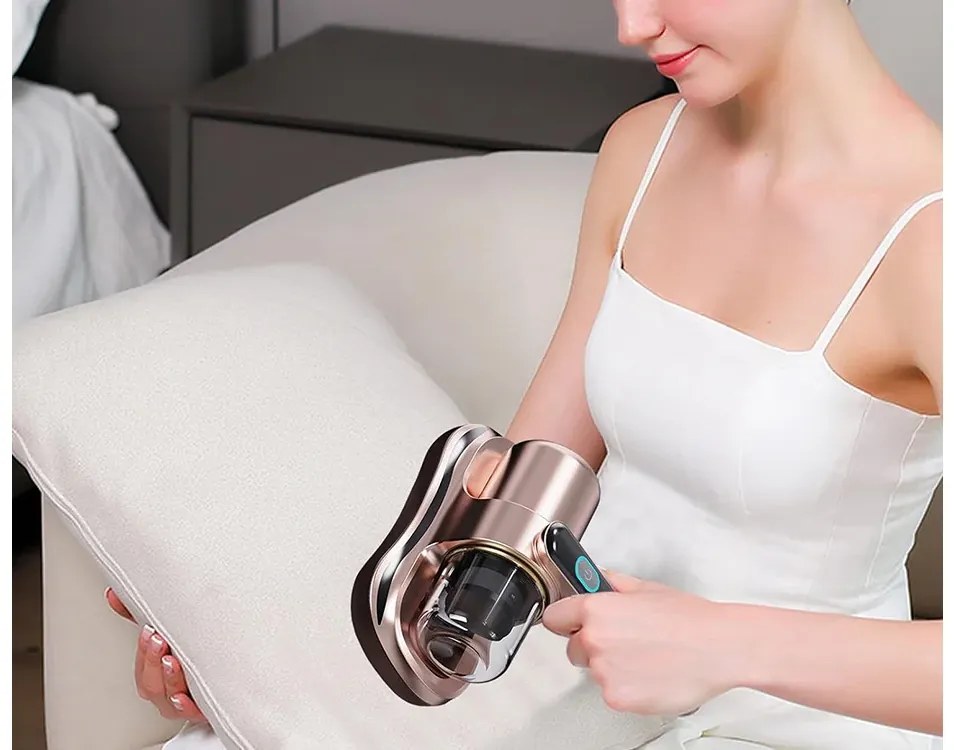 Aspirator portabil fără sac pentru acarieni cu filtru antialergic și lumină UV - bronz