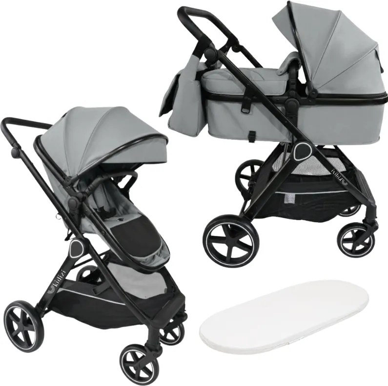 Carucior copii 2 in 1 Kidizi Moveo gri, landou transformabil in parte sport, cadru black, de la nastere pana la 22 kg (0–4 ani), saltea si geanta incluse