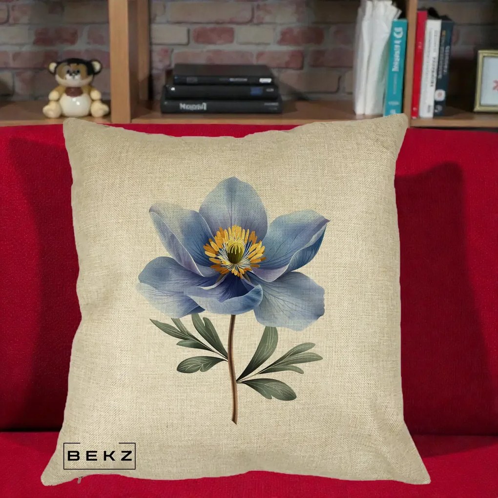 Perna Decorativa Anemona Albastra Botanica, 40x40 cm, Crem, Husa Detasabila, Perna Inclusa, BEKZ®