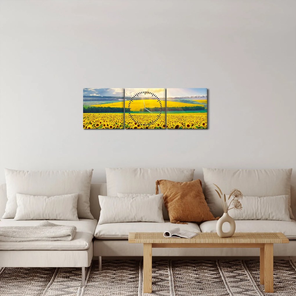 Tablou - Câmp cu floarea soarelui (cu ceas) (90x30 cm)