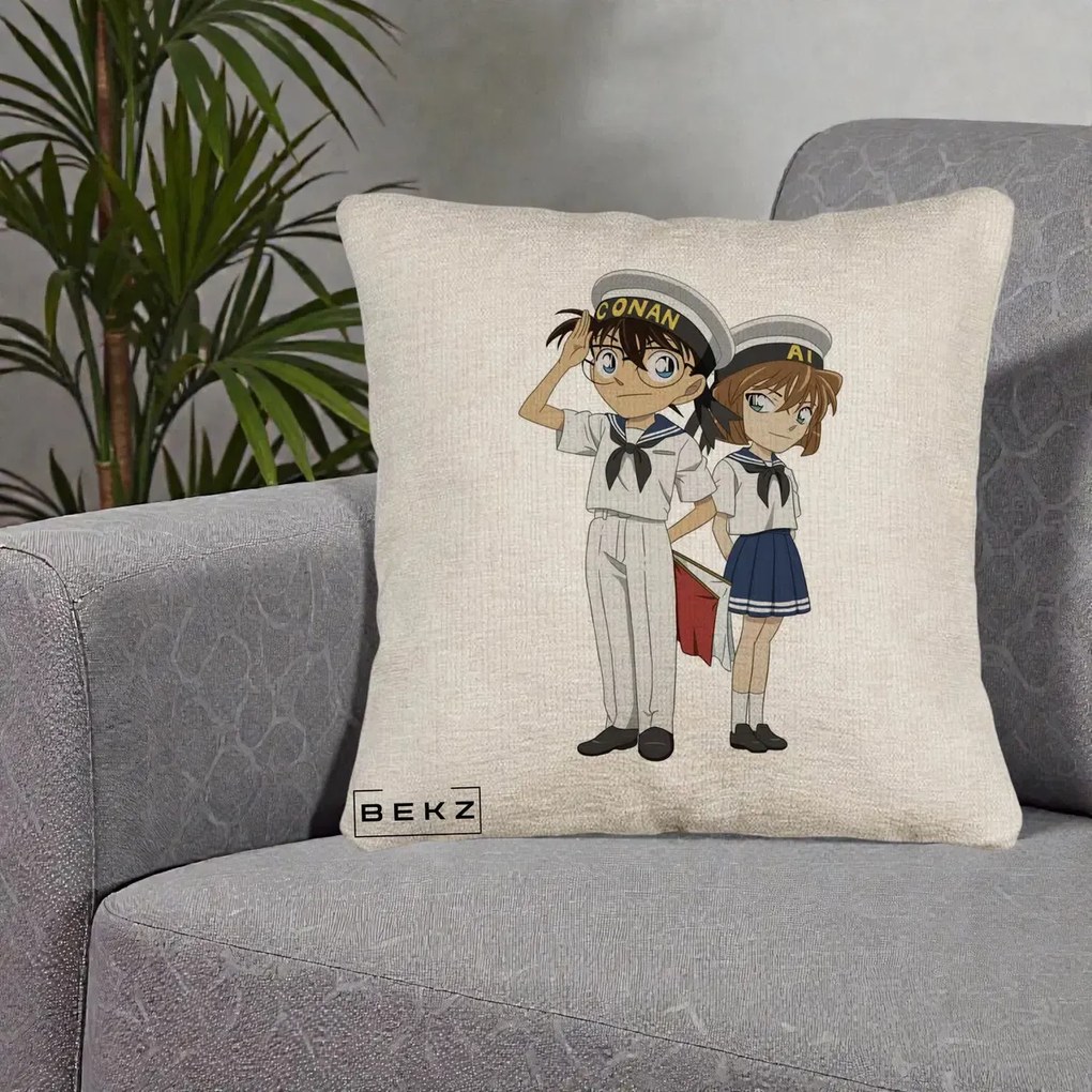 Perna Personalizata Detective Conan Conan si Ai Sailor, 40x40 cm, Bej Canapea, Husa Detasabila, Perna Inclusa, BEKZ®