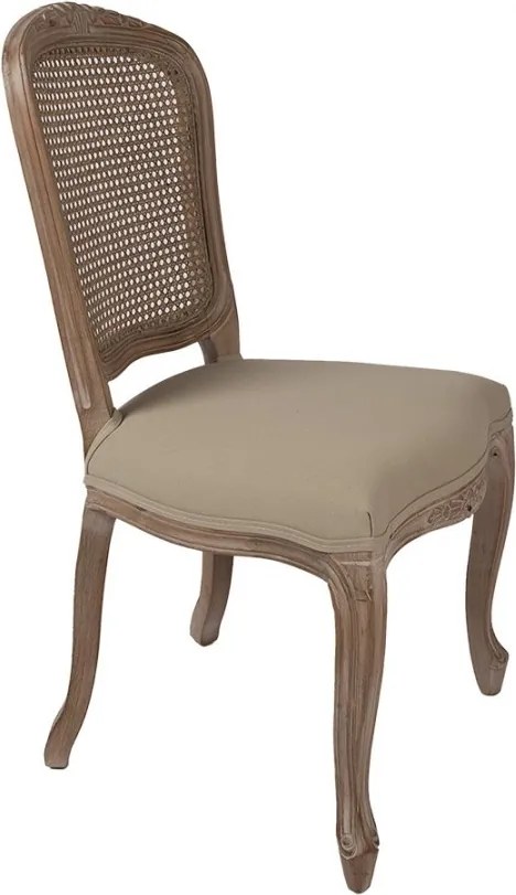 Scaun dining tapițat shabby chic din lemn, ratan și stofă, bej, cu spătar cannage și picioare cambrate sculptate, 95 x 52 x 49 cm, „Fleurette”