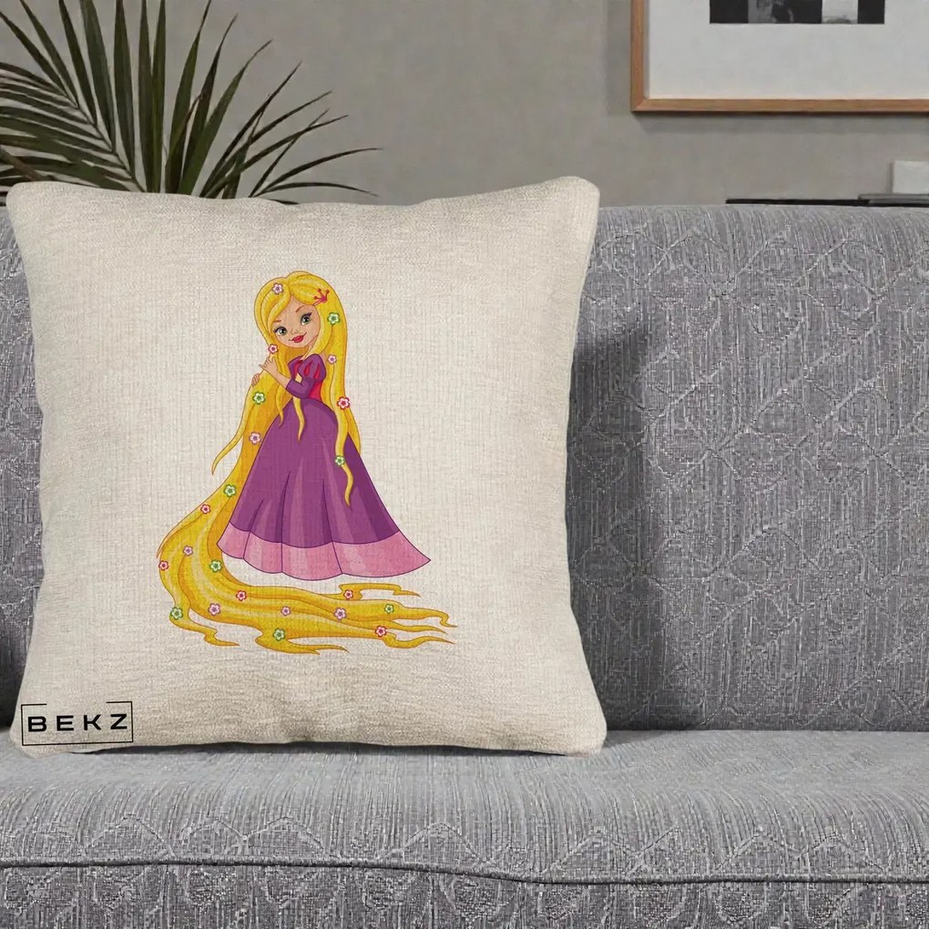 Perna Personalizata Rapunzel Par Lung Floral, 40x40 cm, Bej Canapea, Husa Detasabila, Perna Inclusa, BEKZ®